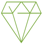 Green outline of a diamond shape with geometric lines inside it.