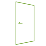 Simple green outline of an open door with a doorknob.