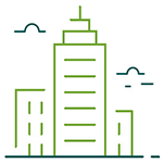 Simple line drawing of a cityscape with three buildings. The central building is the tallest, with a stepped design at the top. There are two smaller buildings on either side of the central building. Additionally, there are two stylized clouds in the sky. The drawing uses green lines for the buildings and blue lines for the clouds.