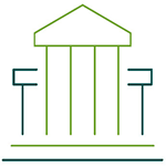 Simple line drawing of a building with columns, resembling a classical or governmental structure such as a courthouse or museum. The building has four vertical columns and a triangular pediment on top, with two rectangular signs or boards on either side. The lines are drawn in green and blue colours.