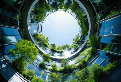 A circular, multi-story building with an open center looking up towards the sky. The interior walls are lined with windows and balconies adorned with lush green plants and trees. Sunlight streams through the open center, illuminating the greenery